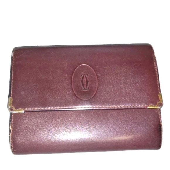 Cartier Handbags - Authentic Vintage Large Cartier Burgundy Leather Wallet With Kisslock Coin Pouch